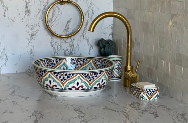 Artisan Moroccan Brass Bathroom Sink – Custom Ceramic Vanity Basin with Unique Glaze, Elegant Round Lavabo for Contemporary Bathrooms - Image 5