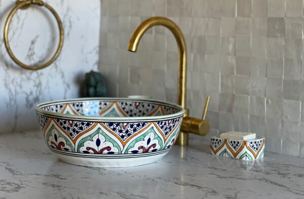 Artisan Moroccan Brass Bathroom Sink – Custom Ceramic Vanity Basin with Unique Glaze, Elegant Round Lavabo for Contemporary Bathrooms - Image 2