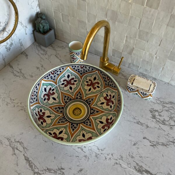 Artisan Moroccan Brass Bathroom Sink – Custom Ceramic Vanity Basin with Unique Glaze, Elegant Round Lavabo for Contemporary Bathrooms