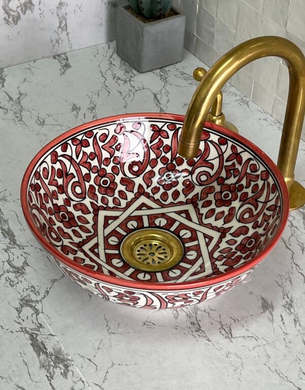 Handcrafted Moroccan Brass Bathroom Sink – Custom Ceramic Vanity Basin with Distinctive Glaze, Elegant Round Vessel for Modern Bathrooms