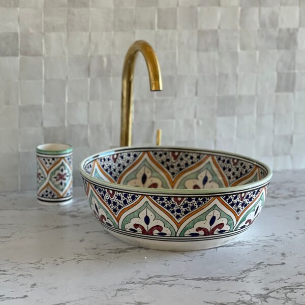 Artisan Moroccan Brass Bathroom Sink – Custom Ceramic Vanity Basin with Unique Glaze, Elegant Round Lavabo for Contemporary Bathrooms - Image 4